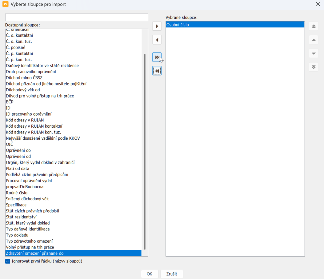Výběr sloupců pro import